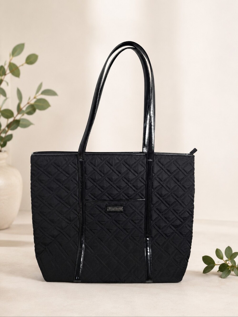 Vera Bradley Trimmed Vera Classic Black Microfiber Large Tote Bag NWT